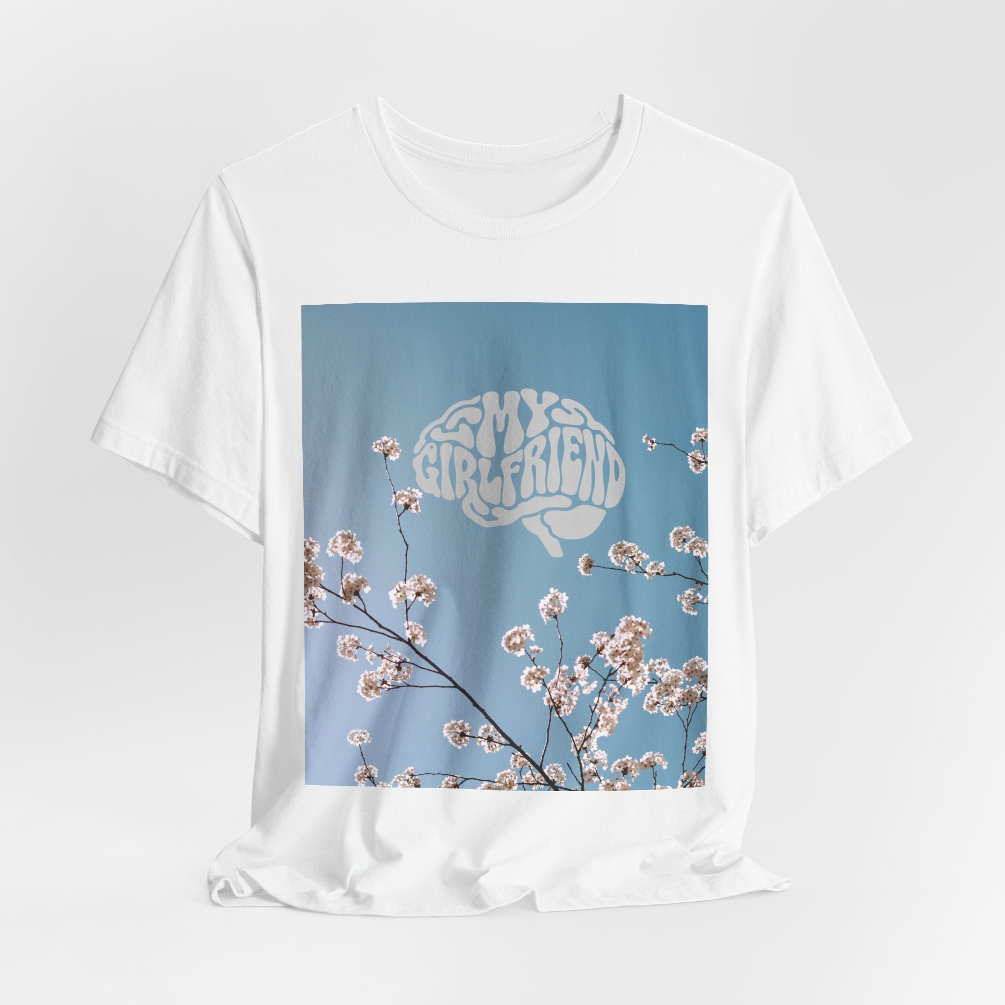 My Girlfriend Floral Graphic Tee — Vintage Psychedelic Text on Cherry Blossom Photo