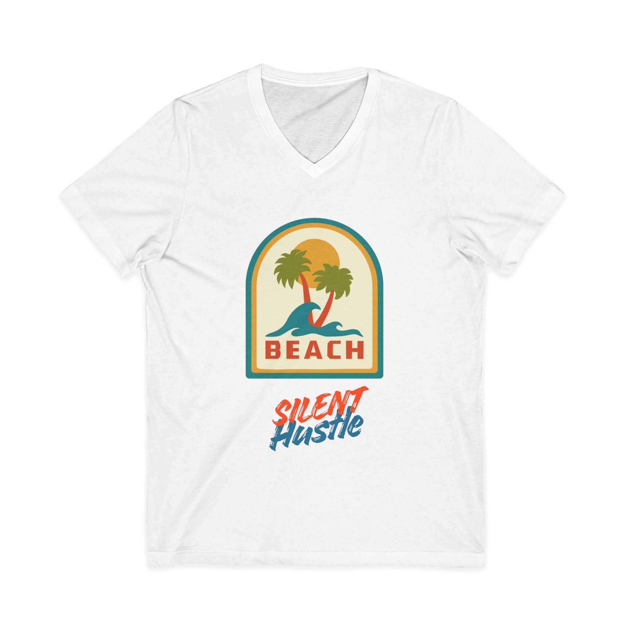 Beach V-Neck Tee — "Silent Hustle" Retro Palm Surf Graphic