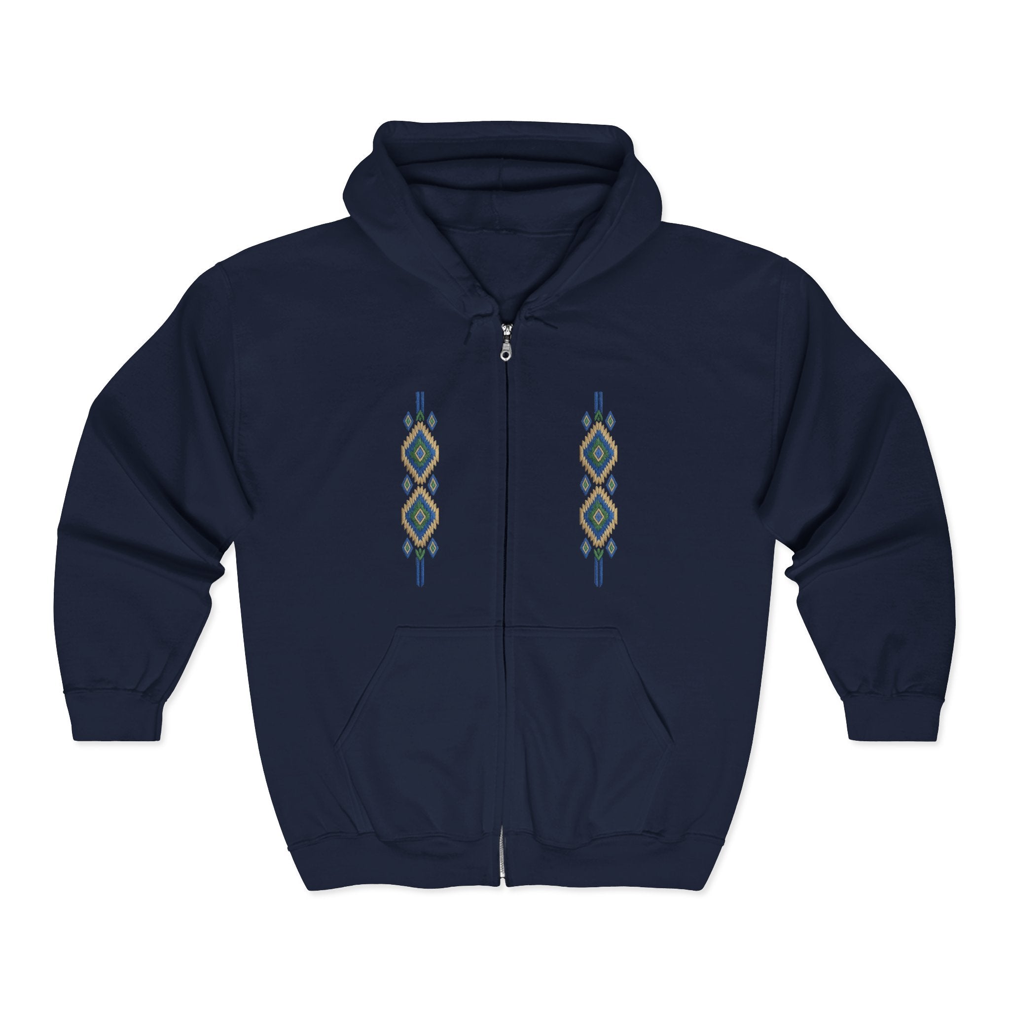 Geometric Aztec Zip Hoodie – Native Diamond Vertical Stripe Design