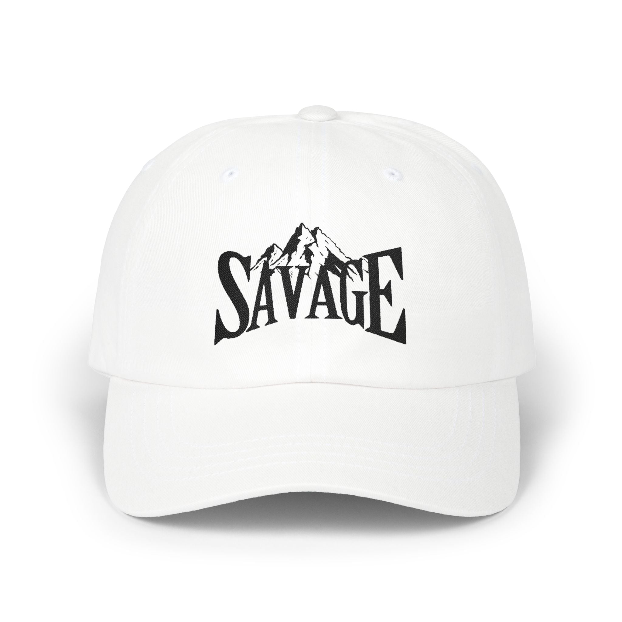 Savage Mountain Embroidered Dad Cap — Adjustable White Baseball Hat