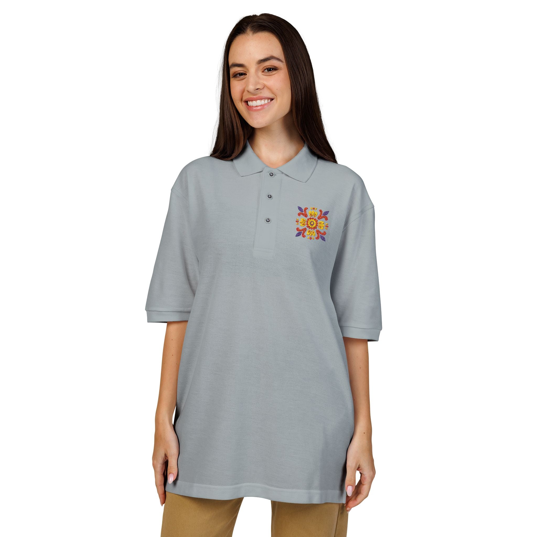 Embroidered Colorful Floral Crest Polo