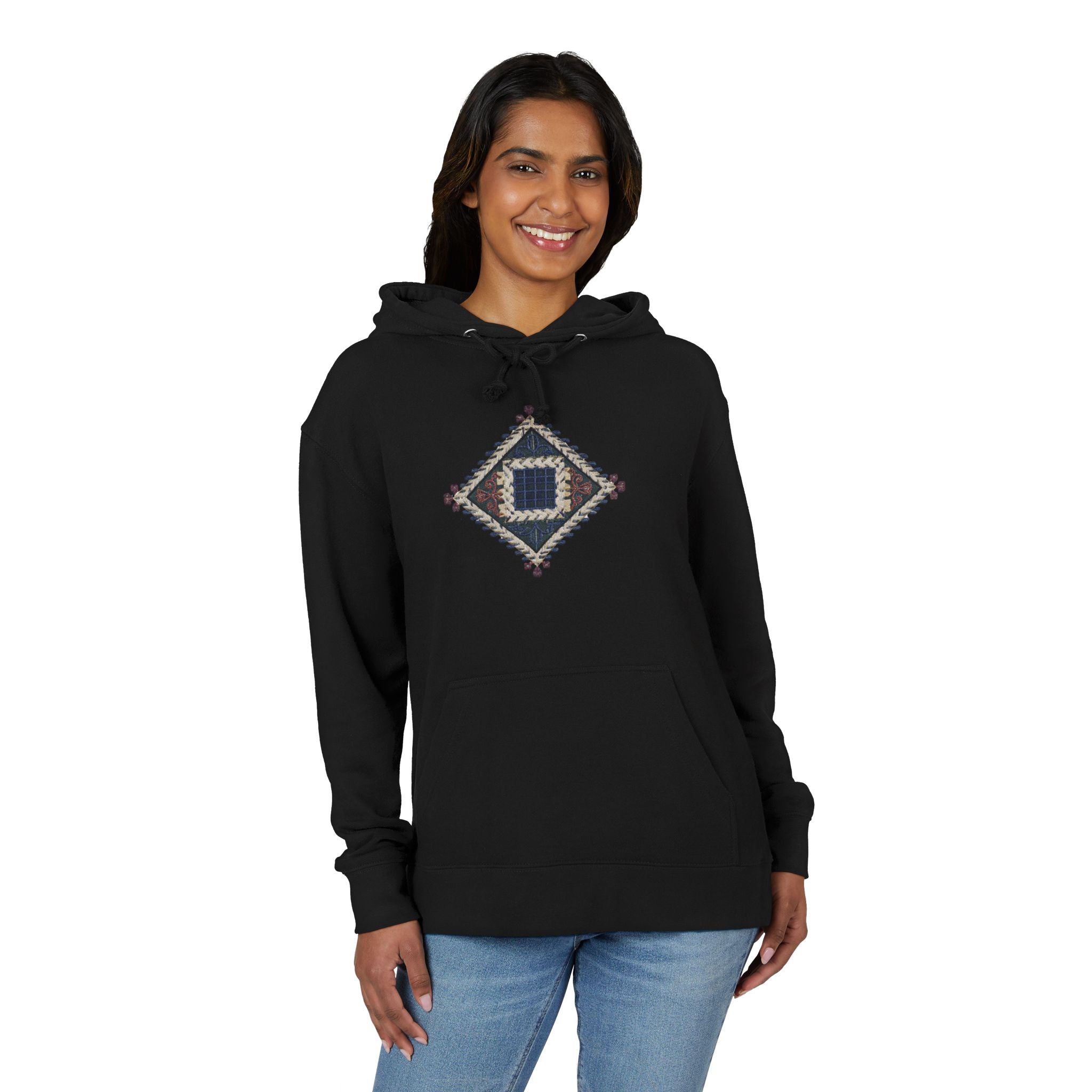 Boho Geometric Hoodie — Native-Inspired Diamond Pattern Sweatshirt