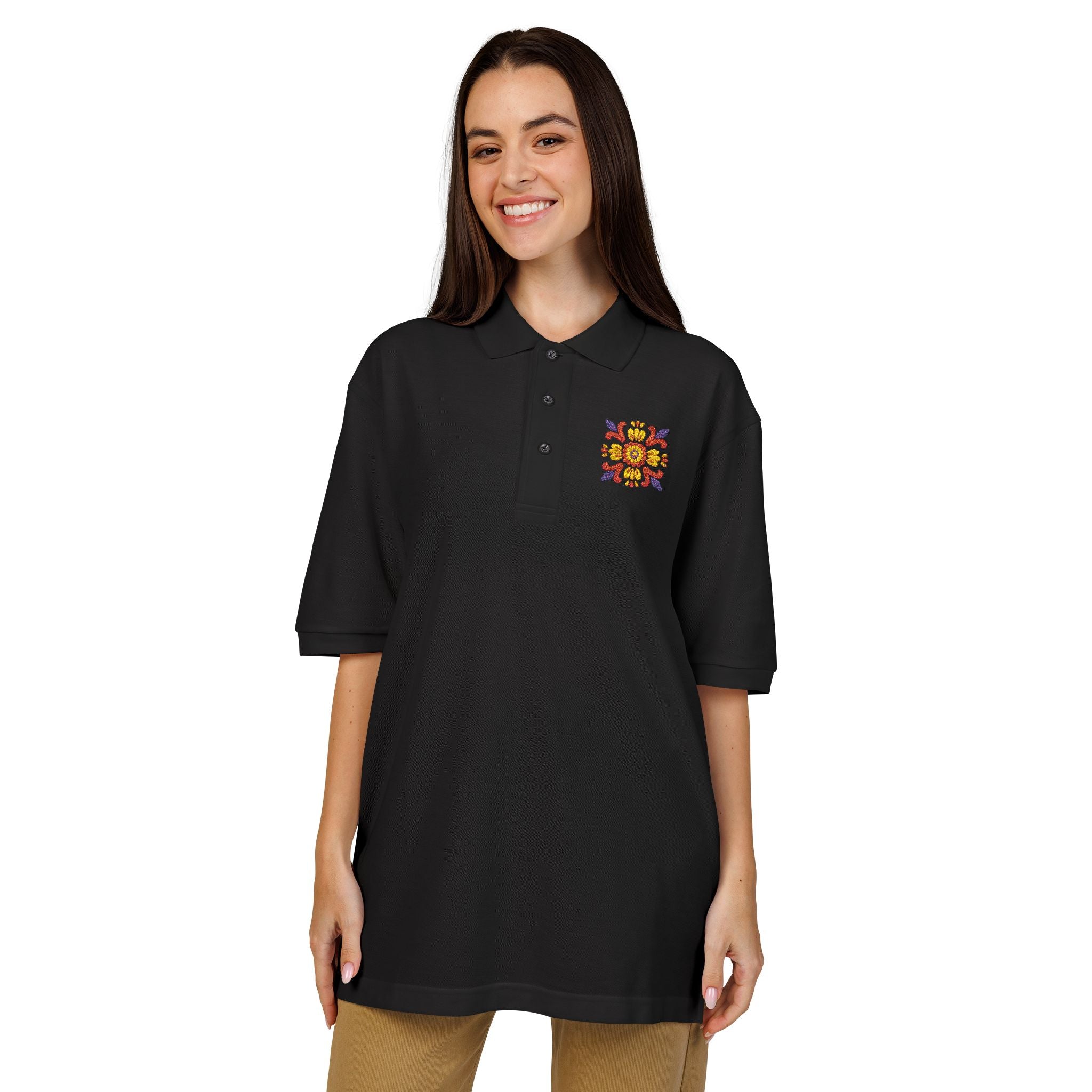 Embroidered Colorful Floral Crest Polo