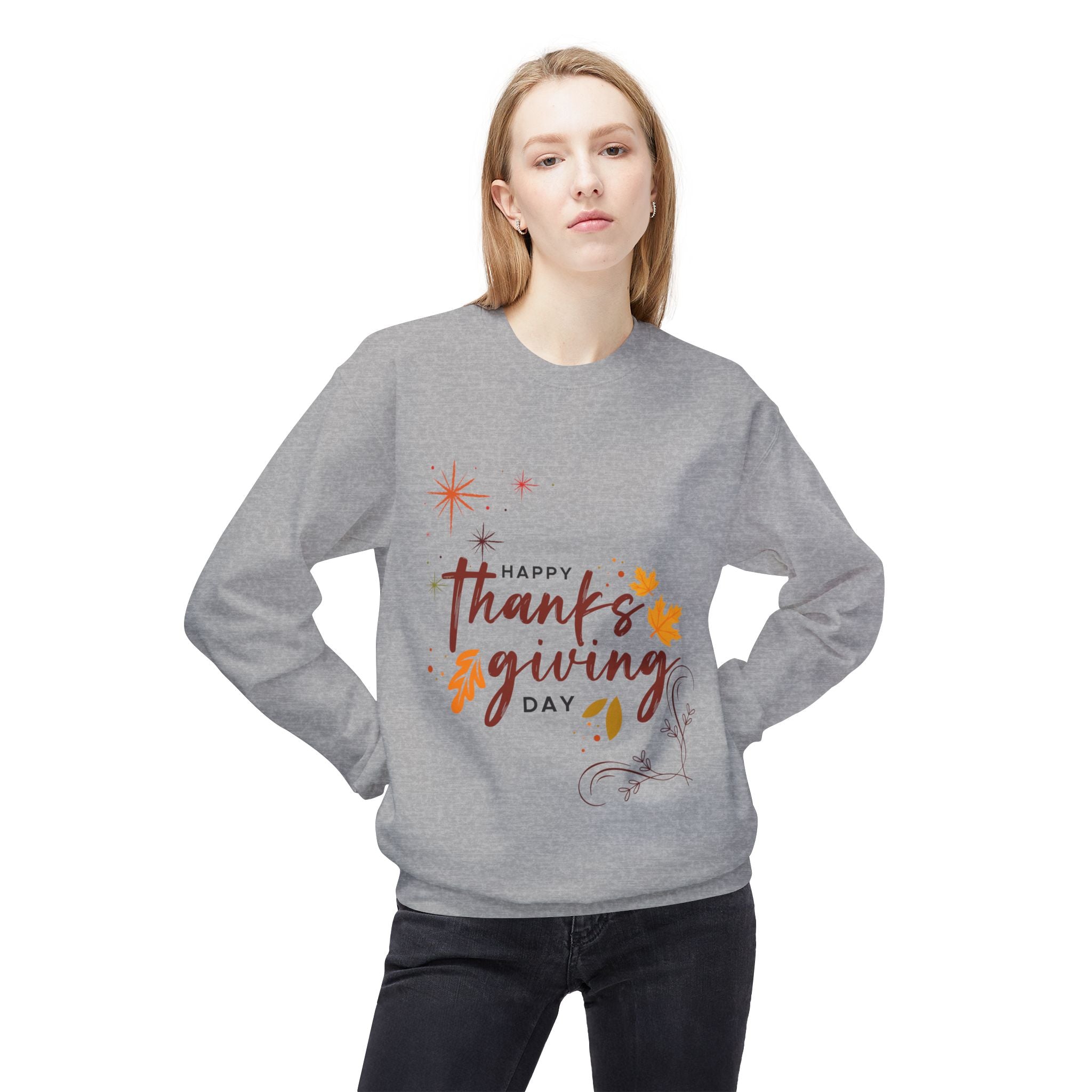 Thanksgiving Day Crewneck Sweatshirt — Happy Thanksgiving Fall Leaves Design