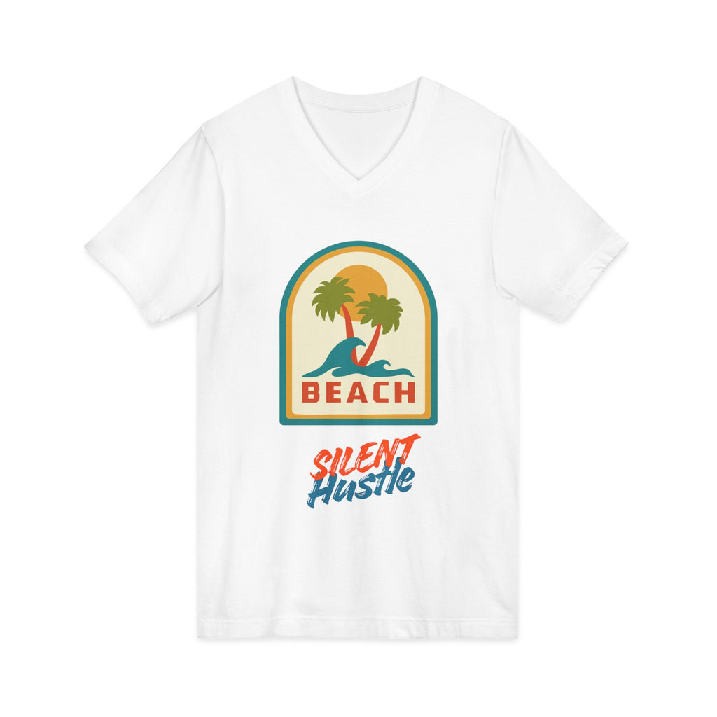 Beach V-Neck Tee — "Silent Hustle" Retro Palm Surf Graphic