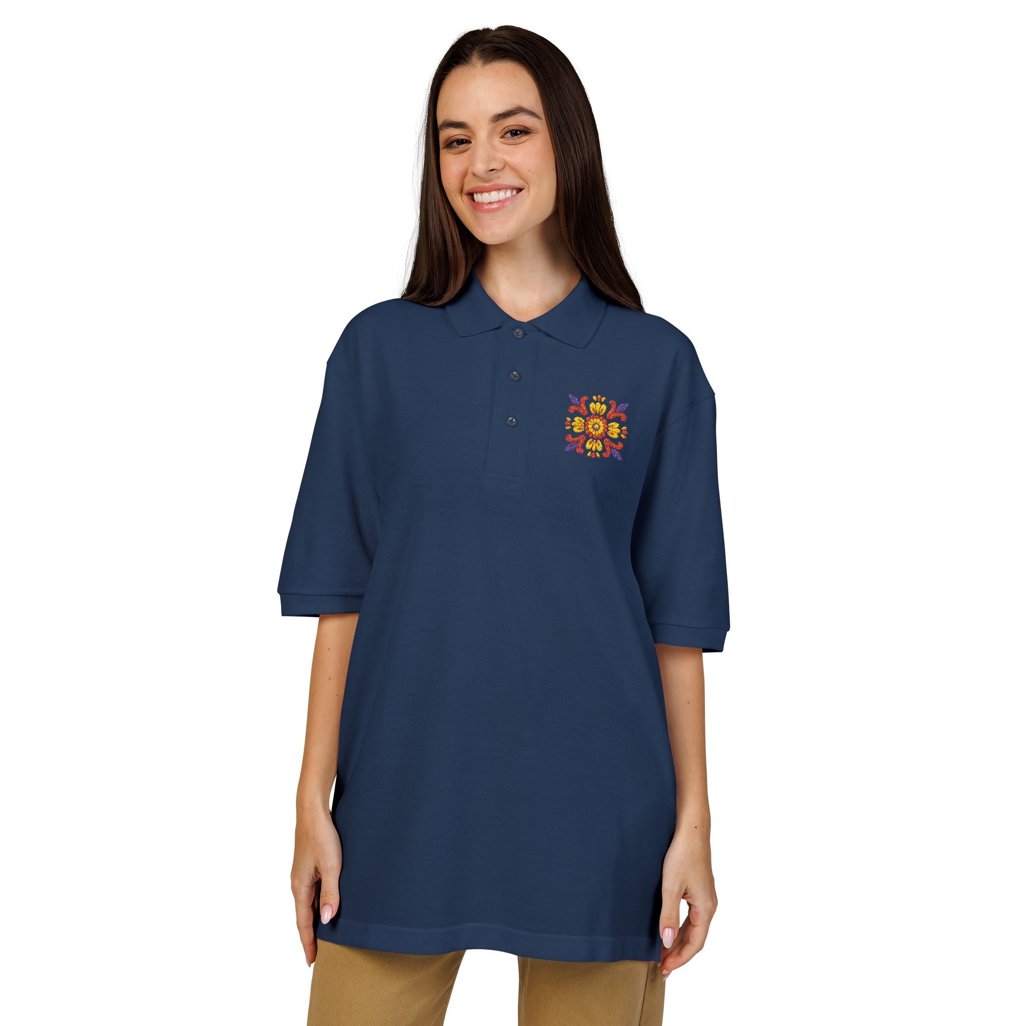 Embroidered Colorful Floral Crest Polo