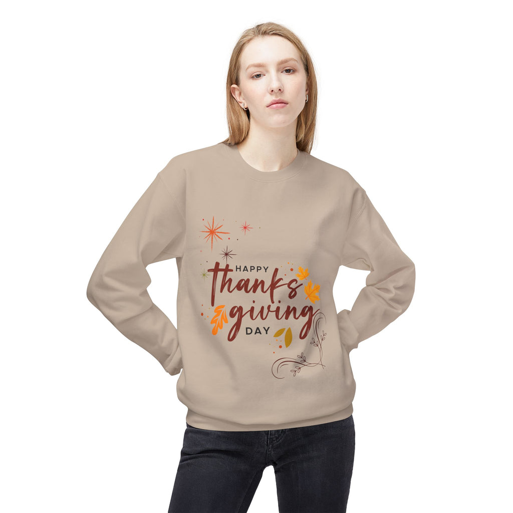 Thanksgiving Day Crewneck Sweatshirt — Happy Thanksgiving Fall Leaves Design