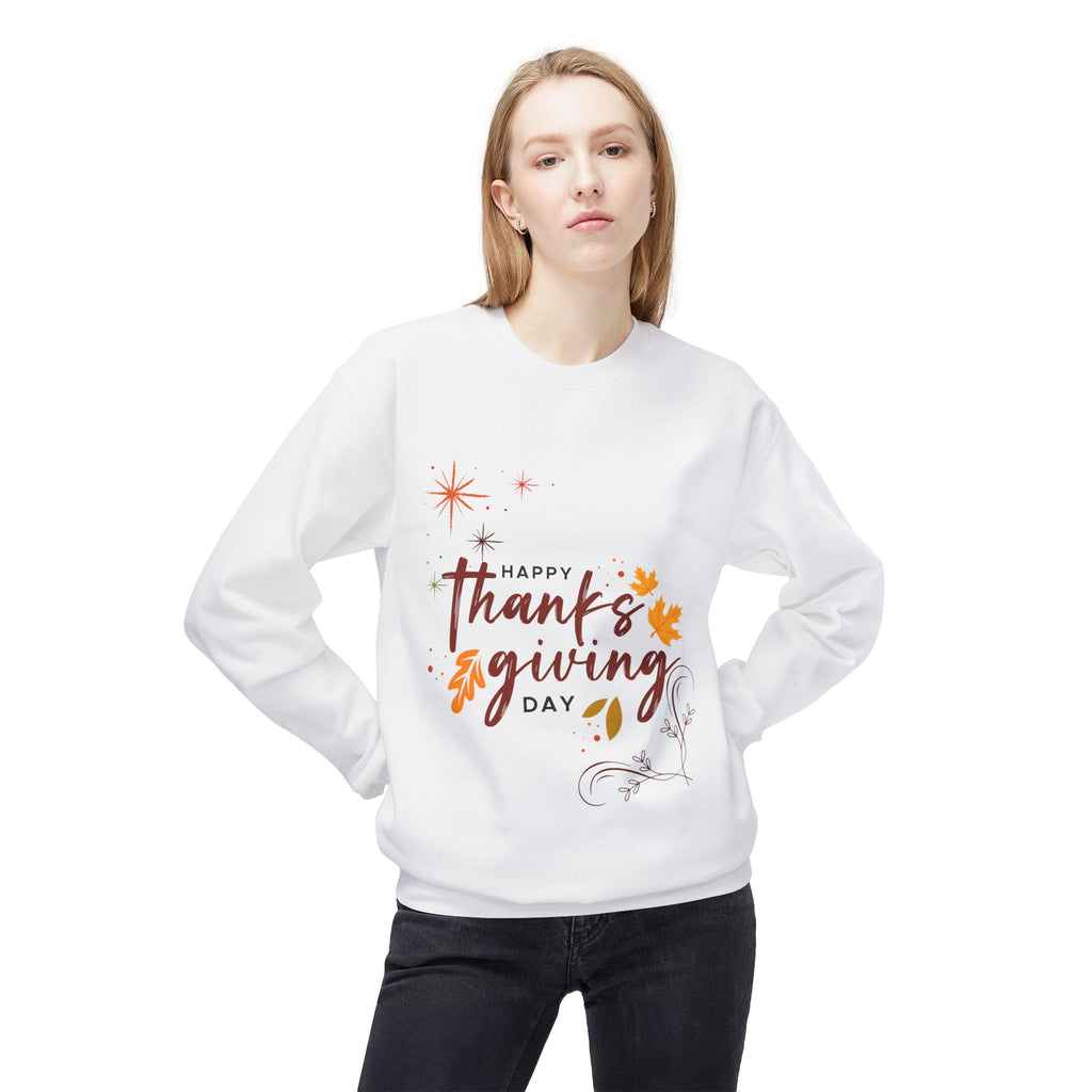 Thanksgiving Day Crewneck Sweatshirt — Happy Thanksgiving Fall Leaves Design