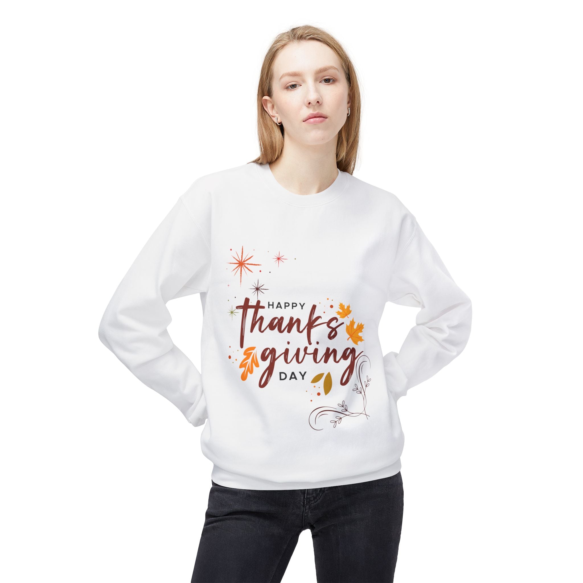 Thanksgiving Day Crewneck Sweatshirt — Happy Thanksgiving Fall Leaves Design