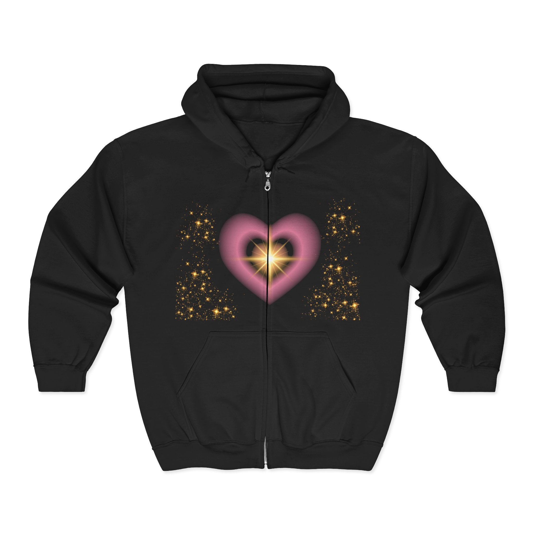 Sparkling Heart Zip Hoodie — Pink & Gold Heartburst Full-Zip Sweatshirt