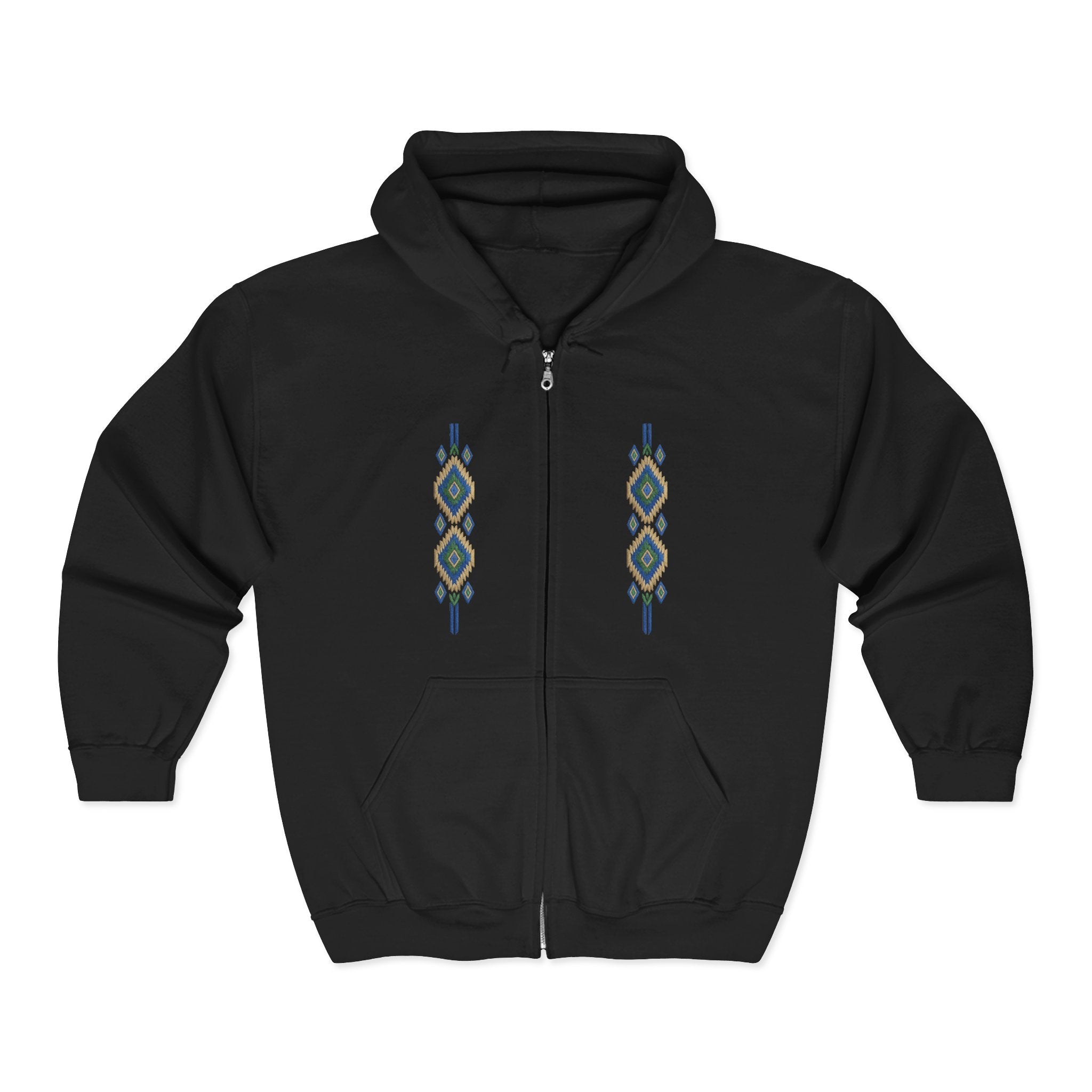Geometric Aztec Zip Hoodie – Native Diamond Vertical Stripe Design