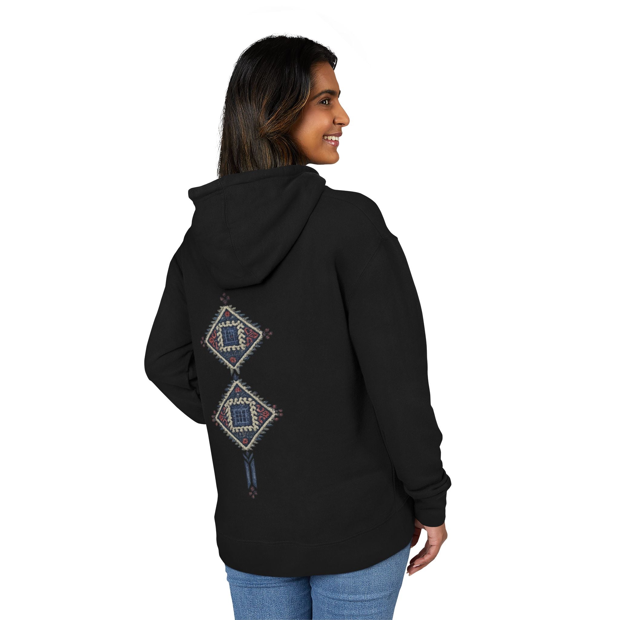 Boho Geometric Hoodie — Native-Inspired Diamond Pattern Sweatshirt