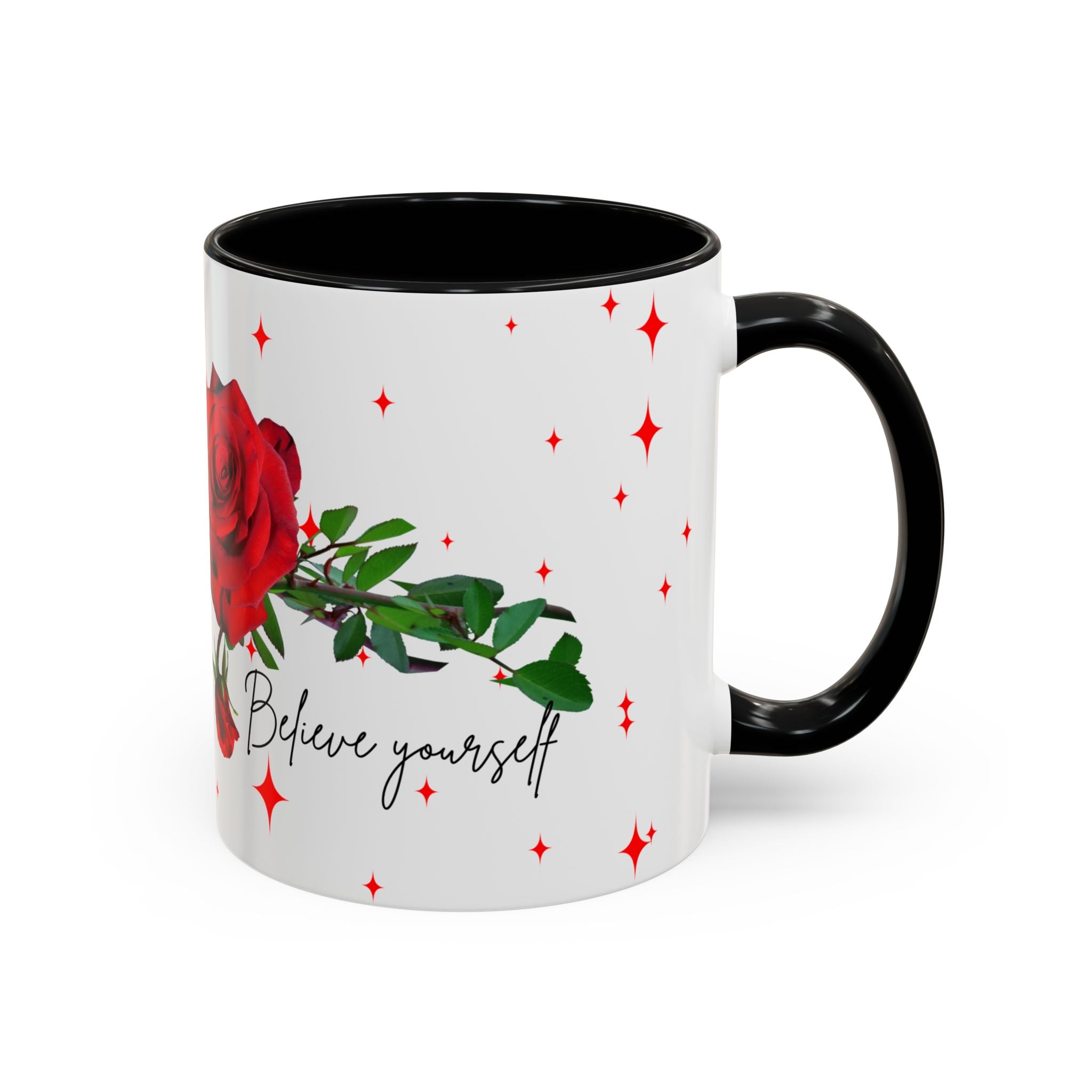 Believe Yourself Rose Accent Coffee Mug — Motivational Floral 11/15oz