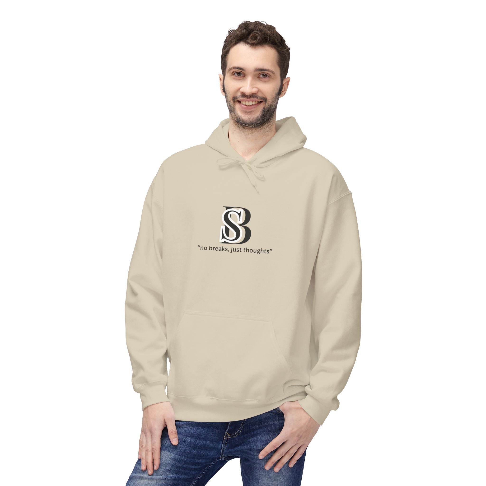 Hoodie — Monogram 'SB' Logo Hoodie with “no breaks, no thoughts” Minimalist Design