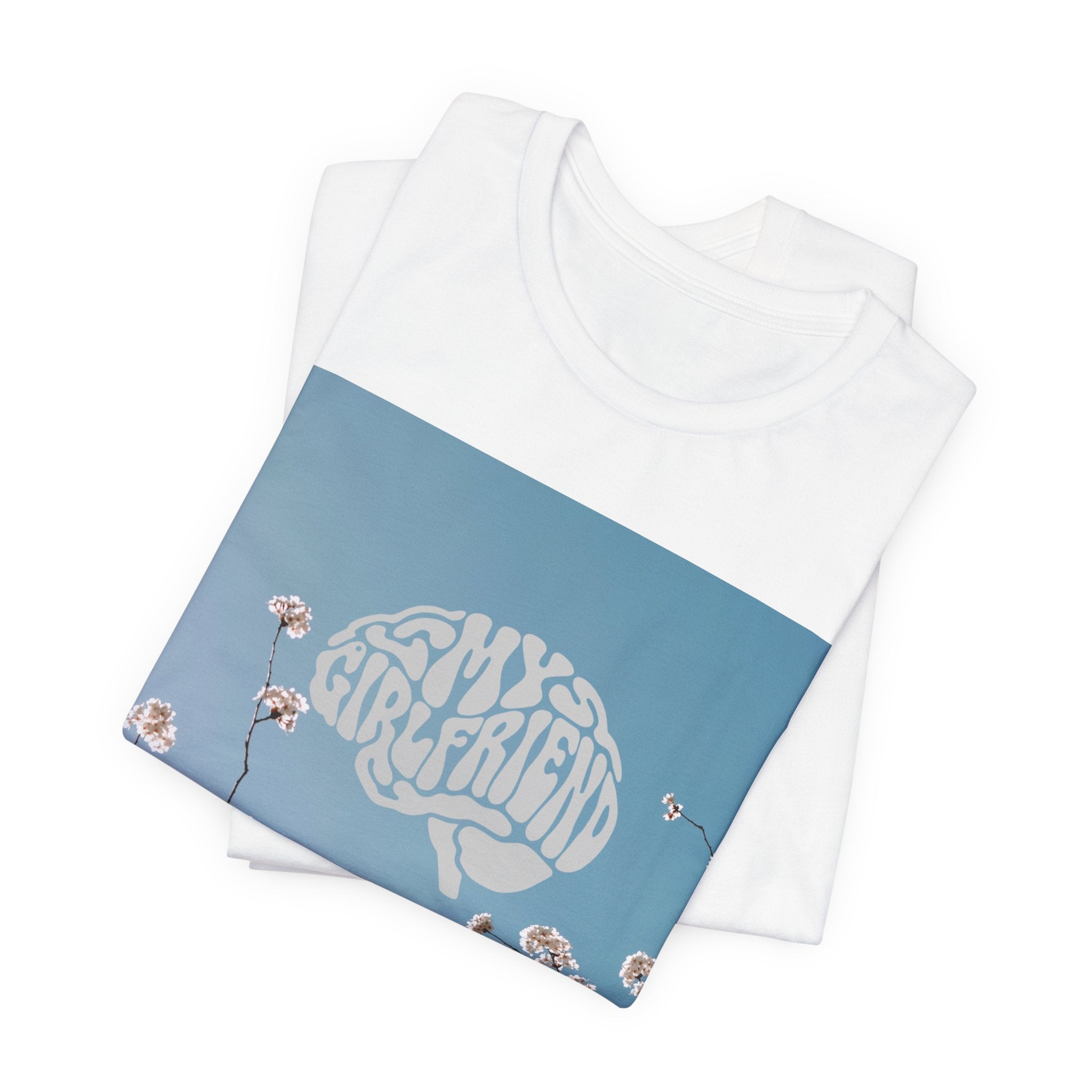My Girlfriend Floral Graphic Tee — Vintage Psychedelic Text on Cherry Blossom Photo
