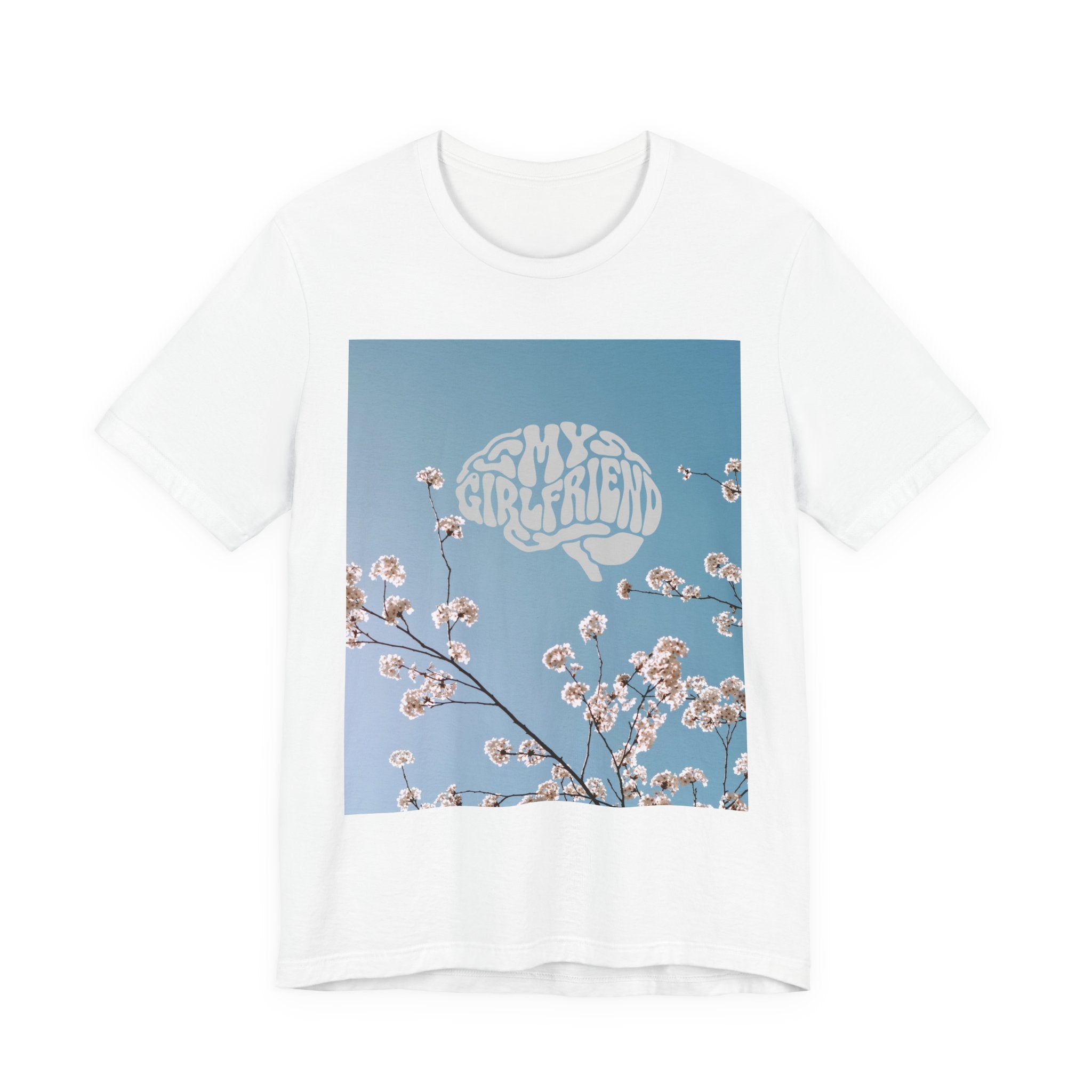 My Girlfriend Floral Graphic Tee — Vintage Psychedelic Text on Cherry Blossom Photo